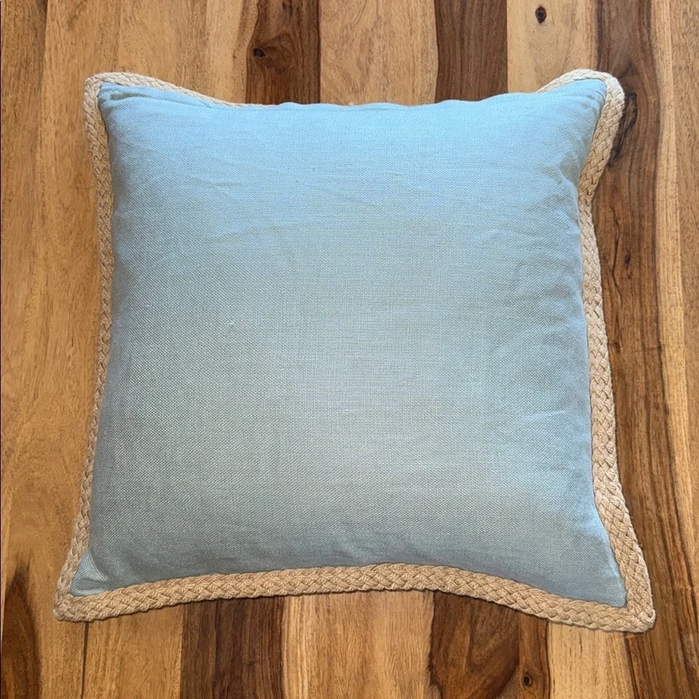 Pottery Barn Blue Linen With Jute Trim Accent Pillow With Feather Insert